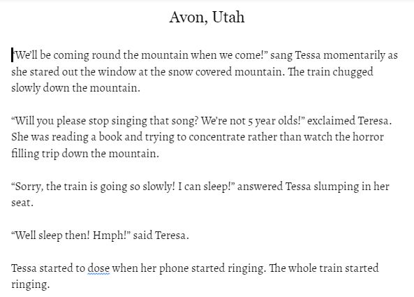 "Tessa and the Murder in Avon, Utah": page 1 first half
